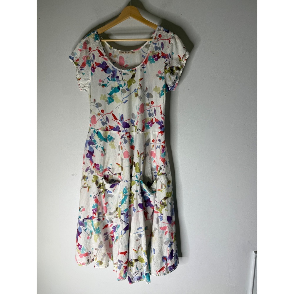 Dress Addict Womens Floral Cotton Midi Dress White Multi Watercolor Pockets M